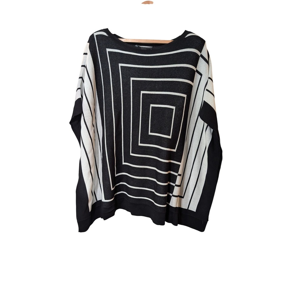 White House Black Market Geometric Square Knit Poncho Top Black White S/M